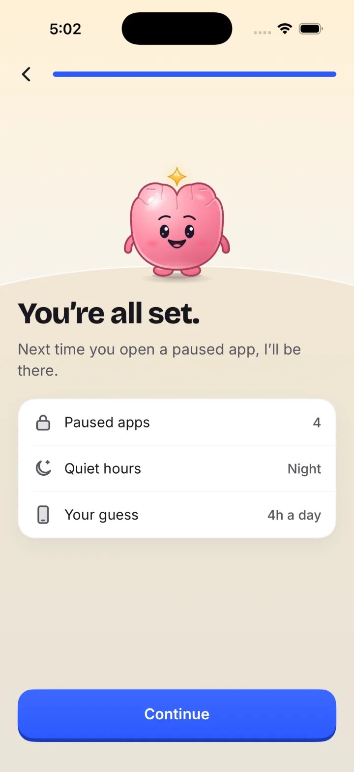 Besto’s set-up screen: You’re all set. 4 paused apps, quiet hours at Night.